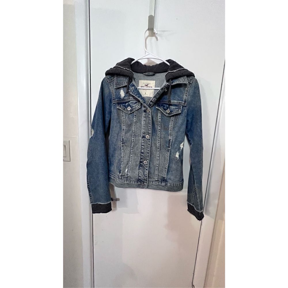 Hollister Women's Casual Biker Cotton Blend Hooded Denim Jacket Blue Gray Small - Picture 3 of 10